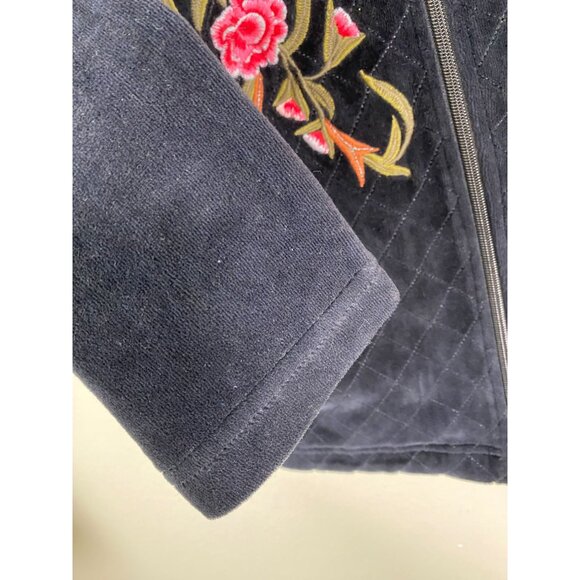 Natural Impressions Black Velour Quilted Floral Embroidered Jacket sz Large Zip - Picture 10 of 12